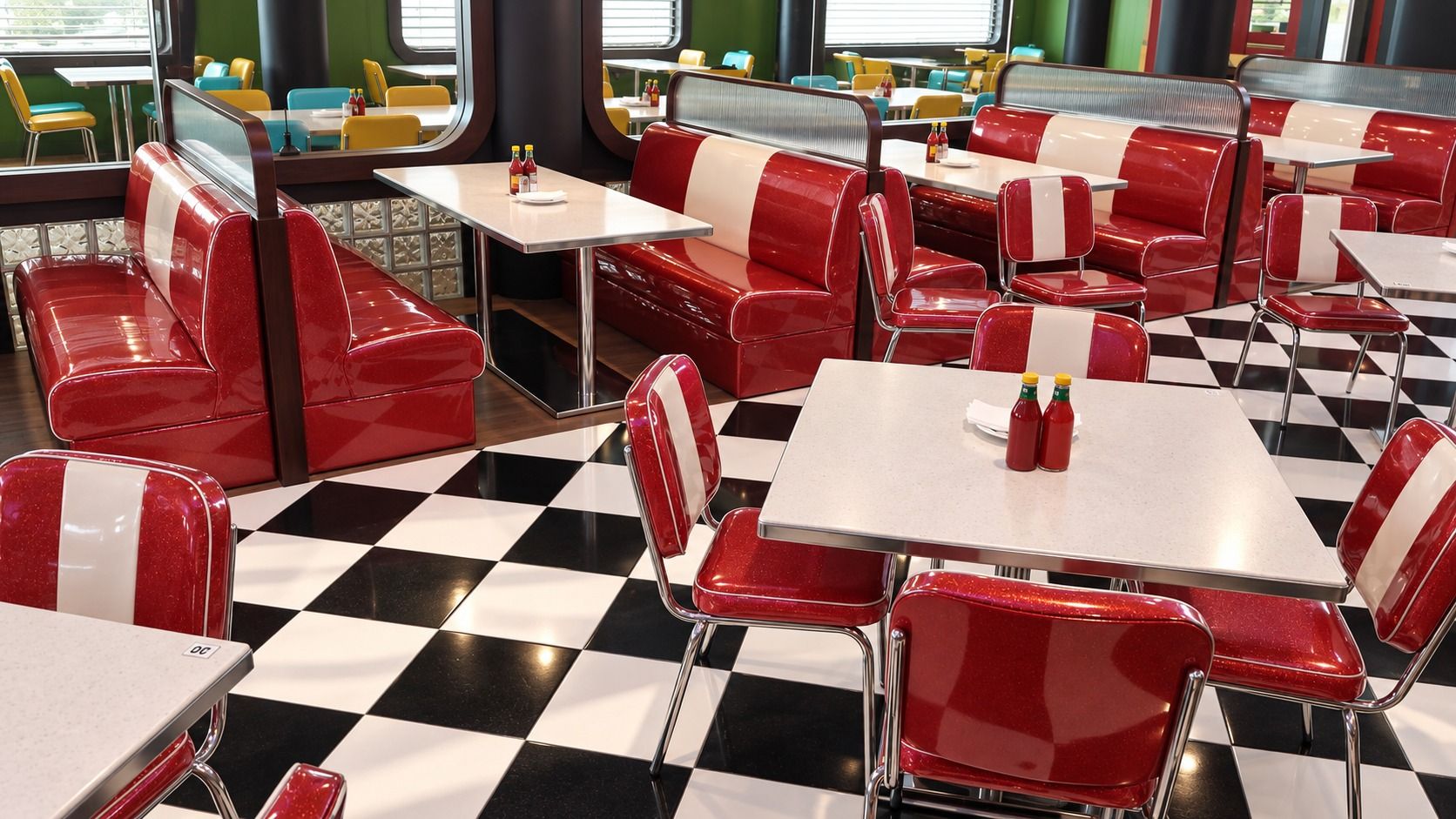 Ruang makan restoran Doubledecker Jogja dengan deret booth berlapis merah putih dan lantai kotak-kotak hitam putih.