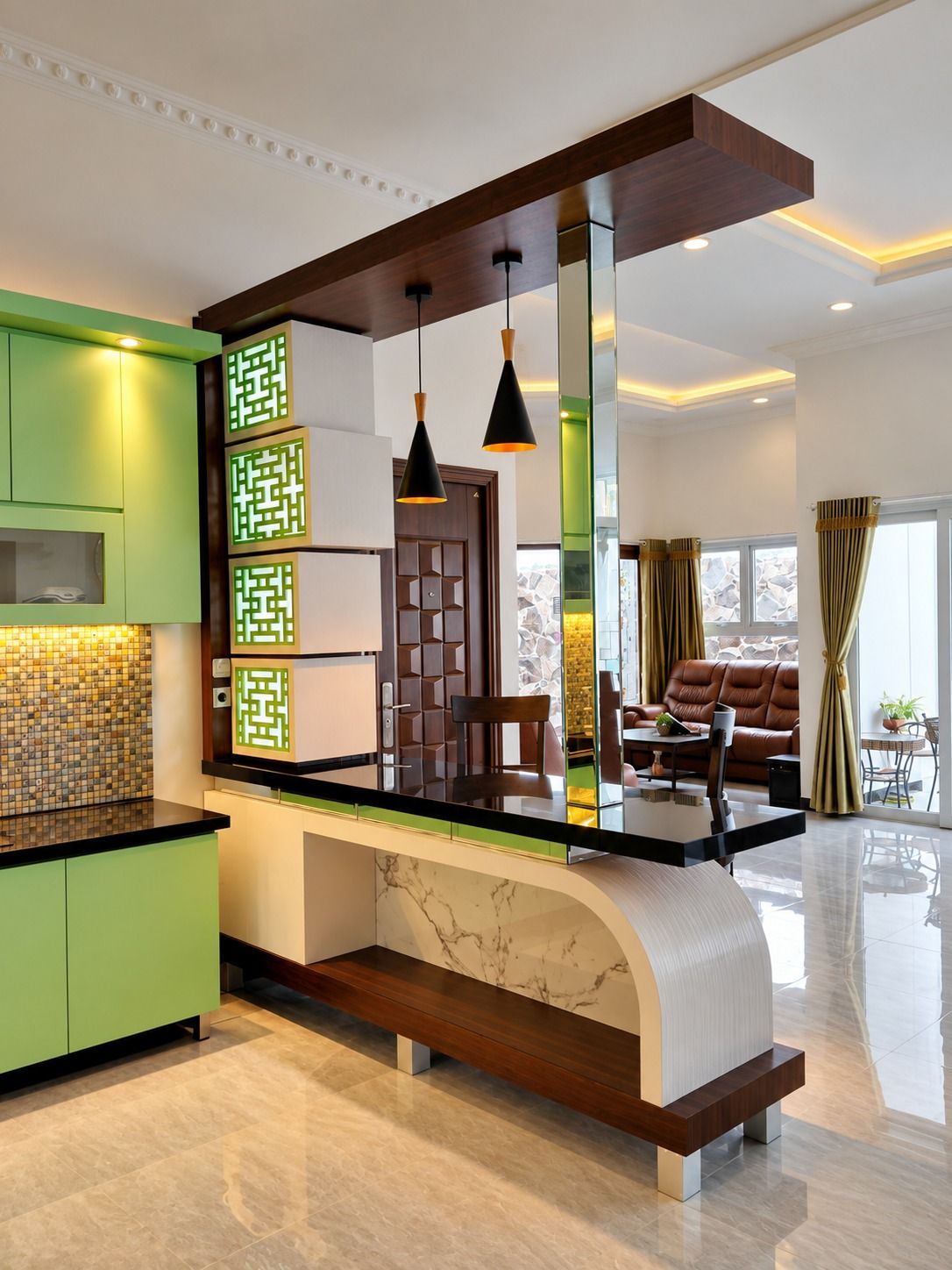 Detail rak hias bersusun dengan panel berlubang berwarna hijau dan lampu di dalamnya.