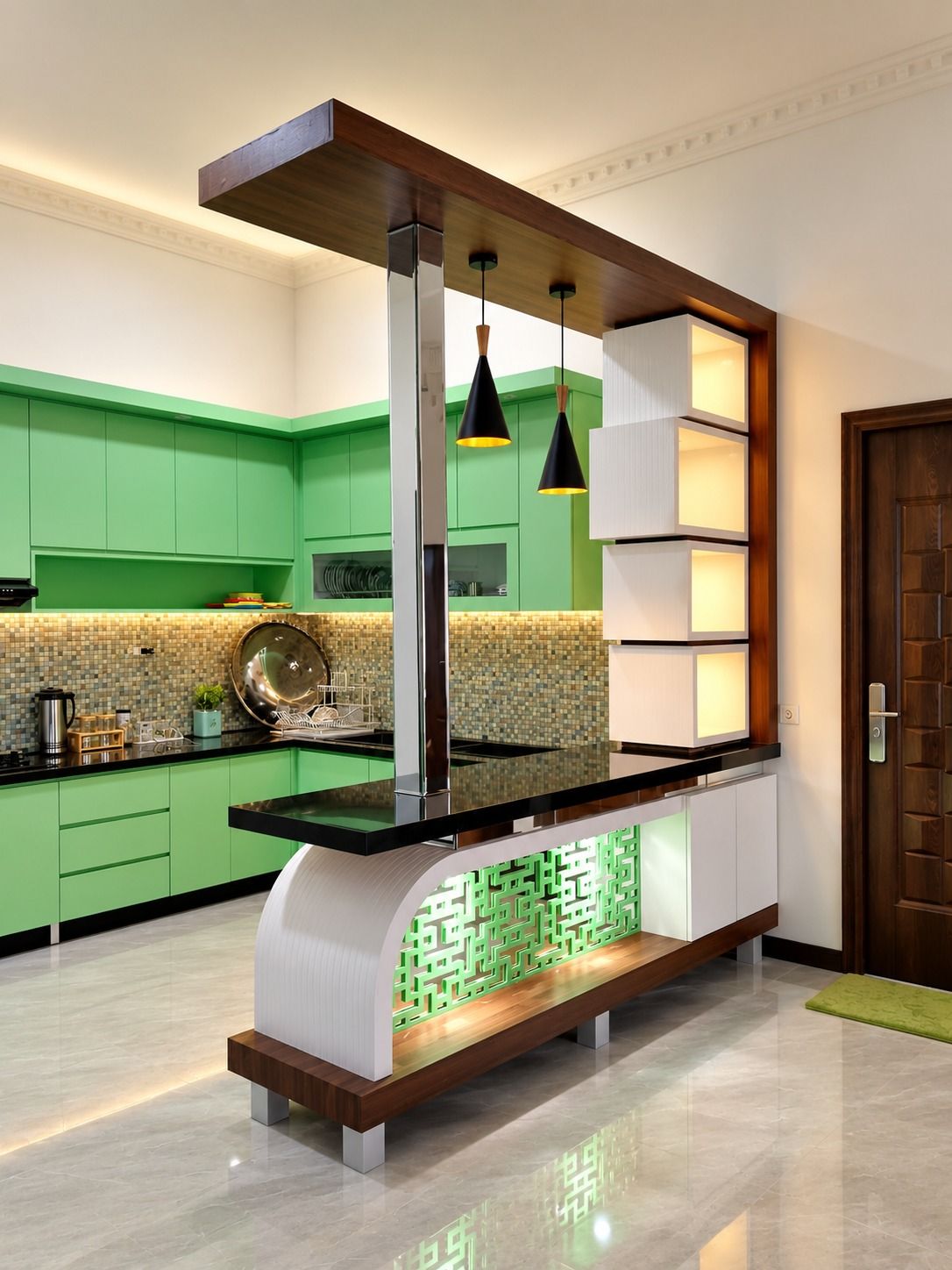 Sudut lain dapur hijau memperlihatkan hubungan meja bar dengan ruang sekitarnya.