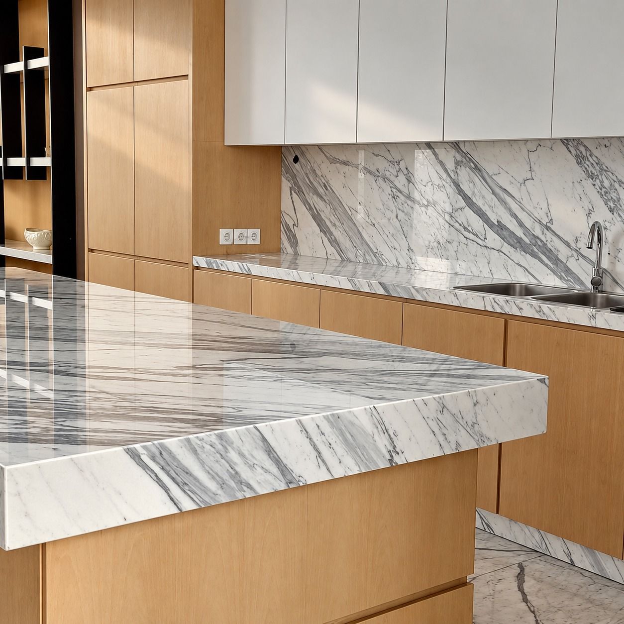 Detail sudut island dengan meja marmer bertepi tebal di atas laci motif kayu maple.