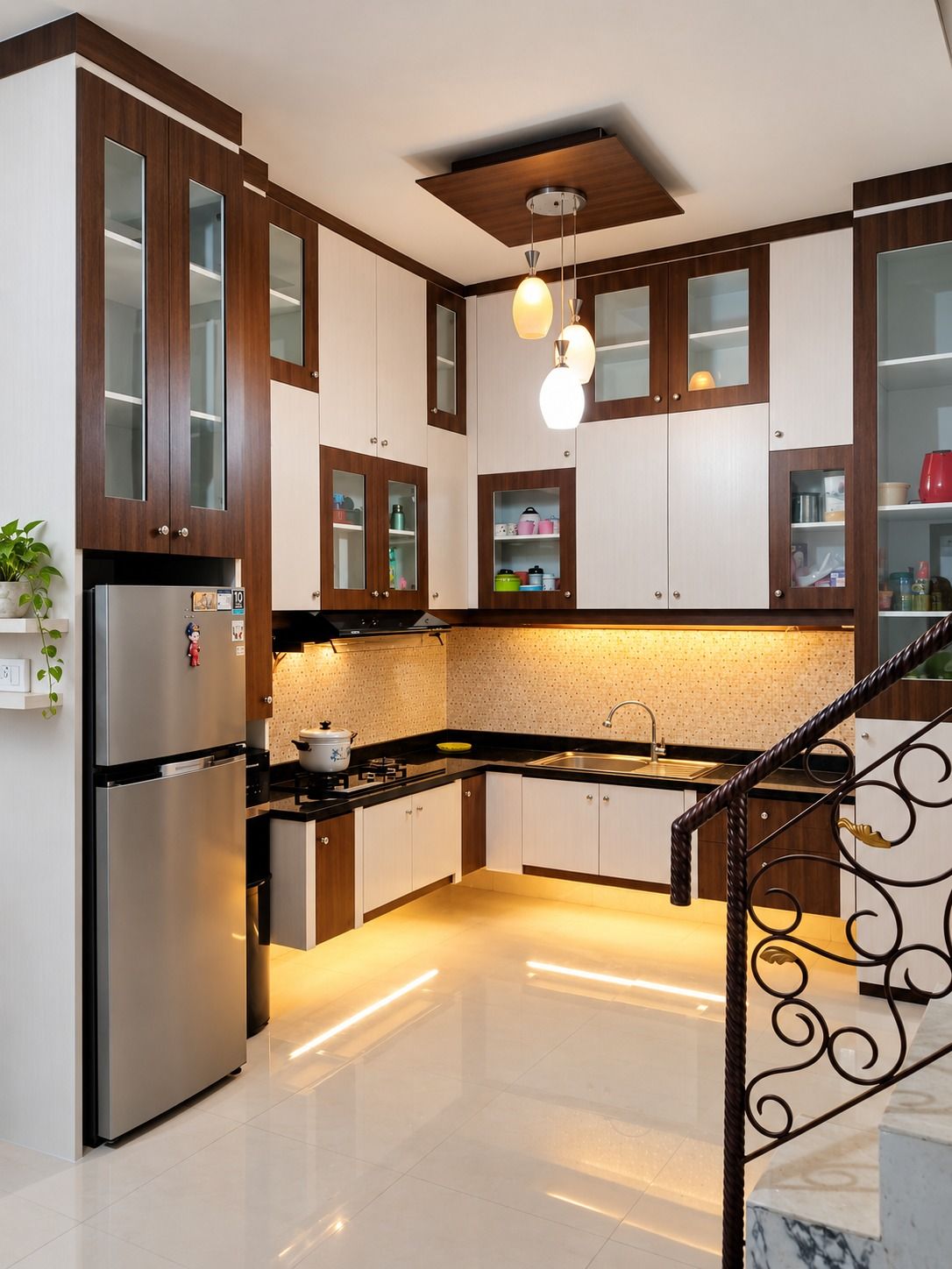 Dapur bentuk U dengan kabinet putih berbingkai cokelat tua, kabinet kaca, dan lantai mengilap.