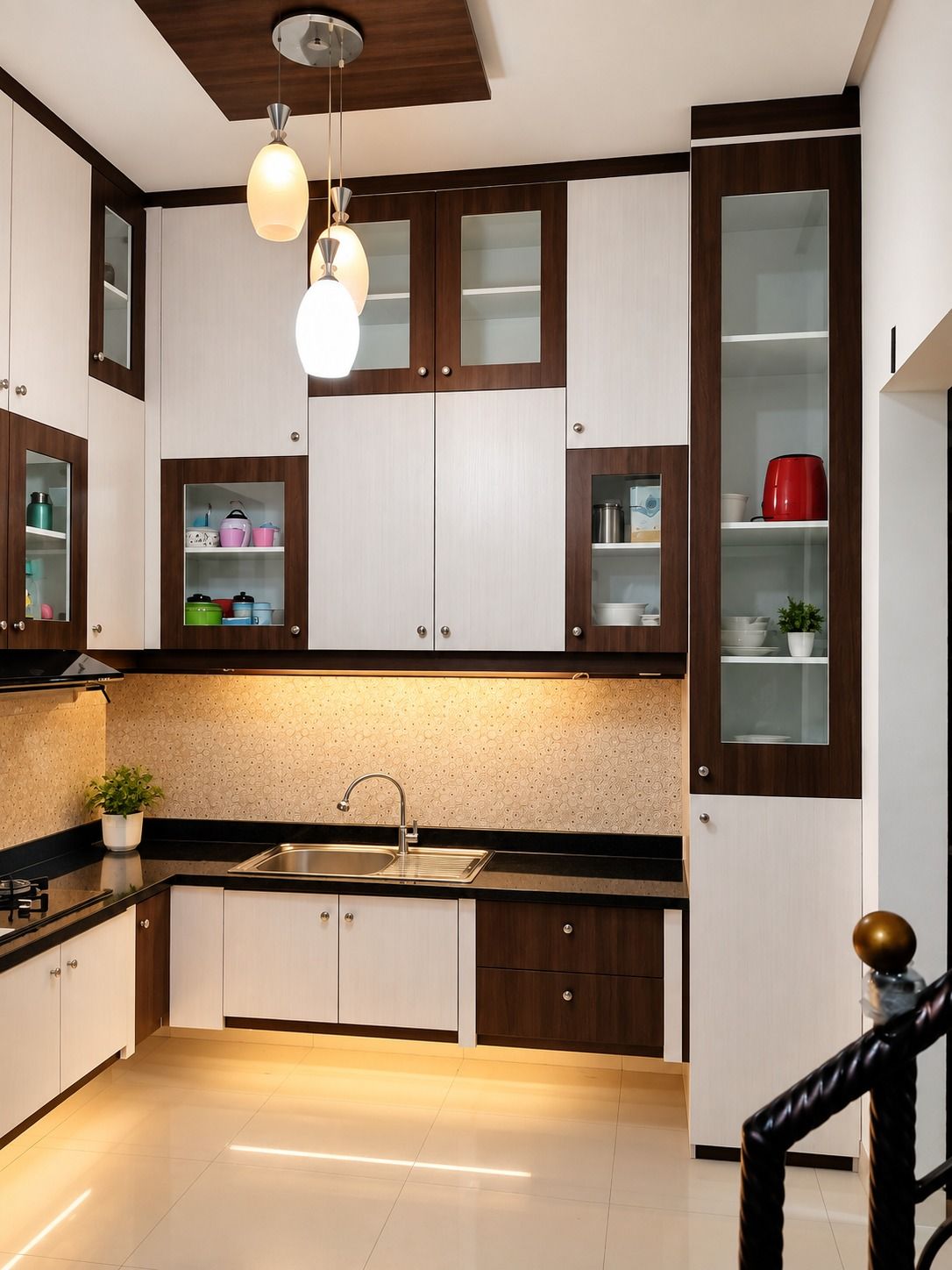 Sisi dapur dengan bak cuci, kabinet kaca di atasnya, dan lemari tinggi berpintu kaca di ujung kanan.