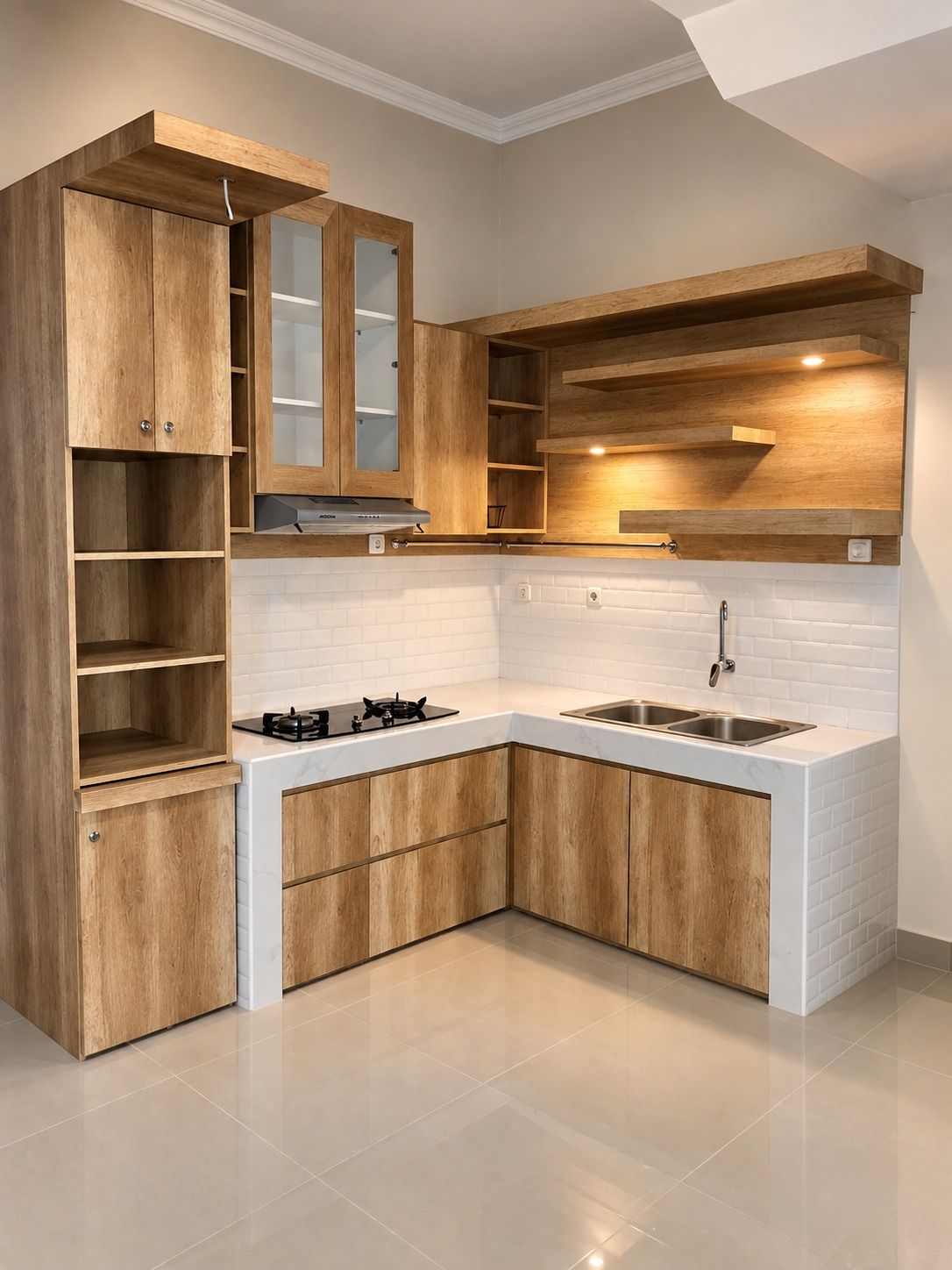 Dapur sudut dengan rak terbuka, dokumentasi foto 1.