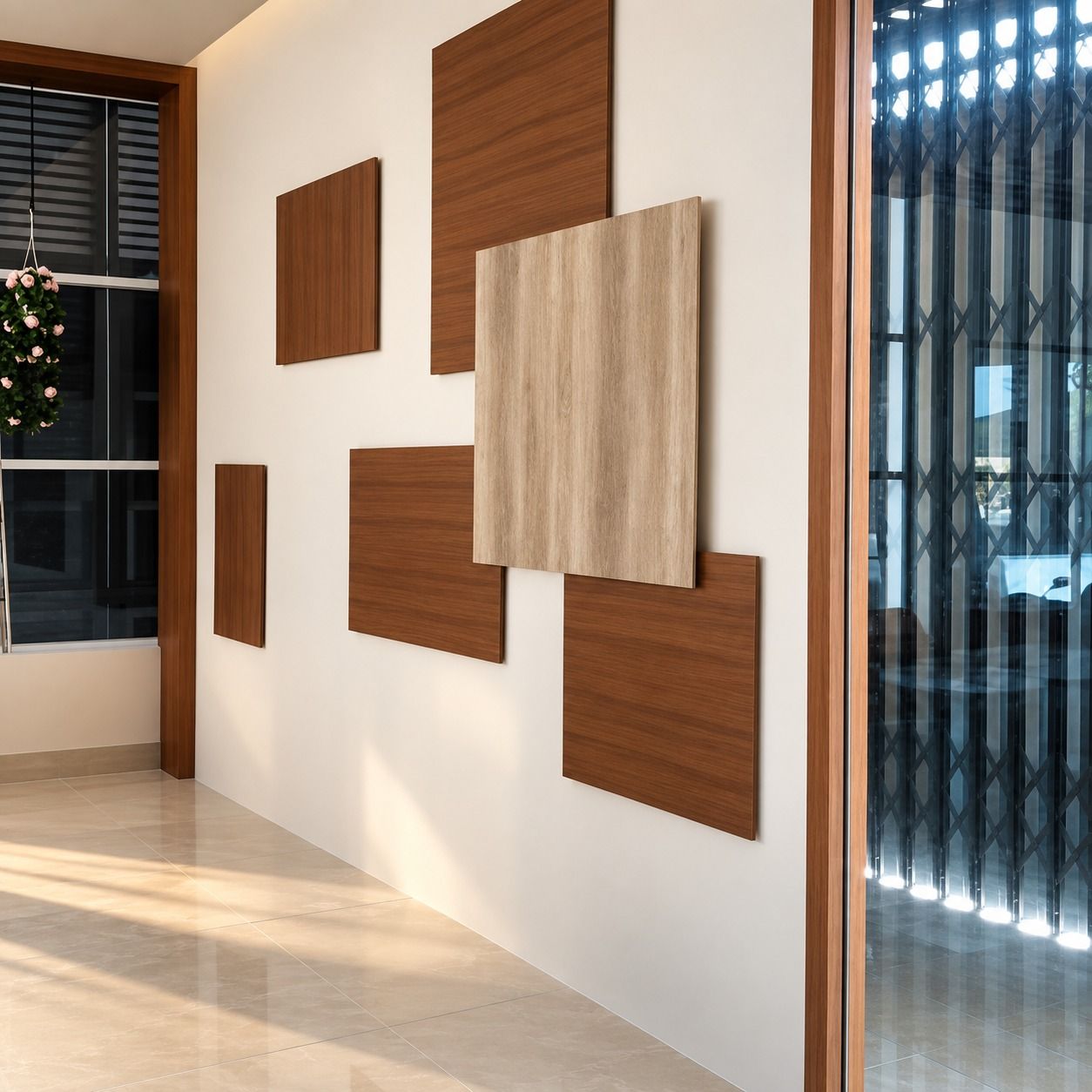 Dinding kolase panel motif kayu dilihat dari samping, sebelum meja dan kursi kafe ditata.