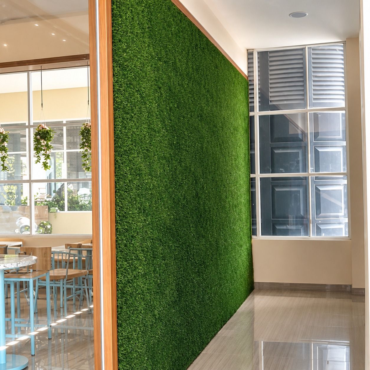 Dinding rumput sintetis hijau tinggi berbingkai motif kayu di samping jendela berkisi putih.