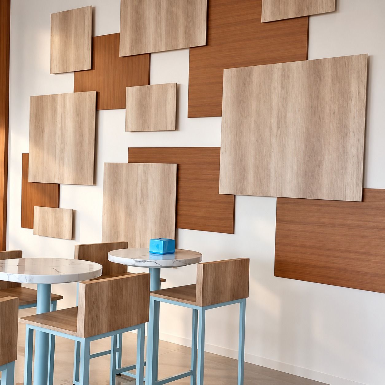 Kolase panel motif kayu gelap dan terang berukuran berbeda di dinding putih, di belakang deretan meja bar bundar dan kursi bar.
