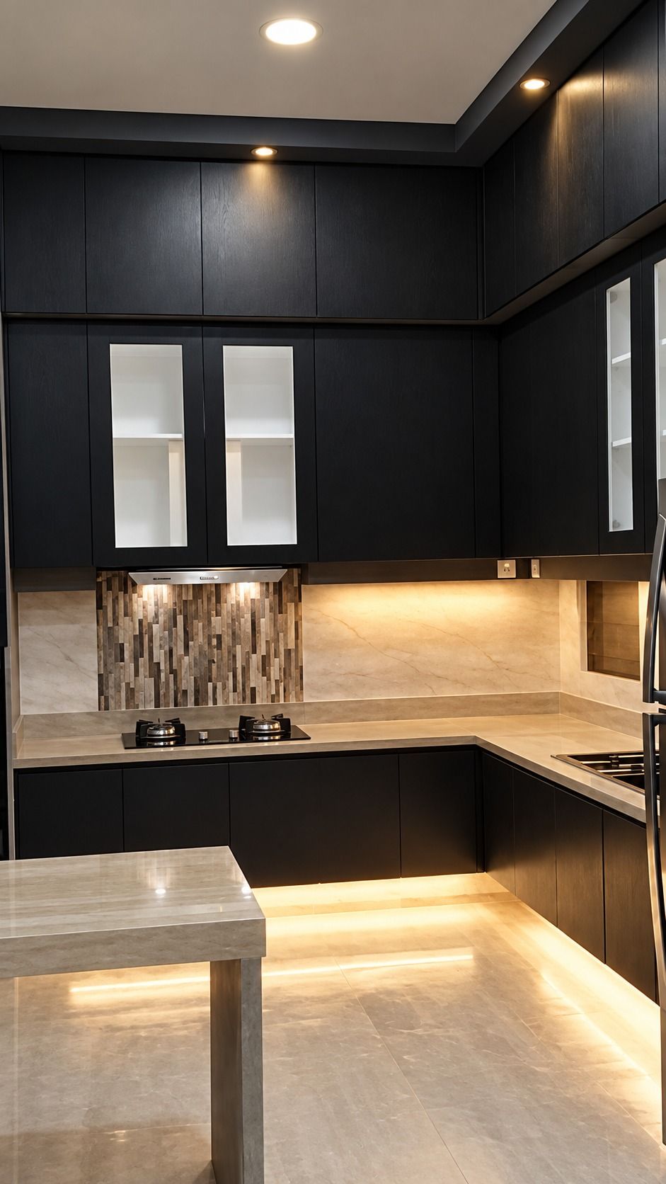 Kitchen set bentuk U berwarna hitam dengan ceruk kaca berlatar putih, backsplash motif marmer, dan cahaya hangat di bawah kabinet.