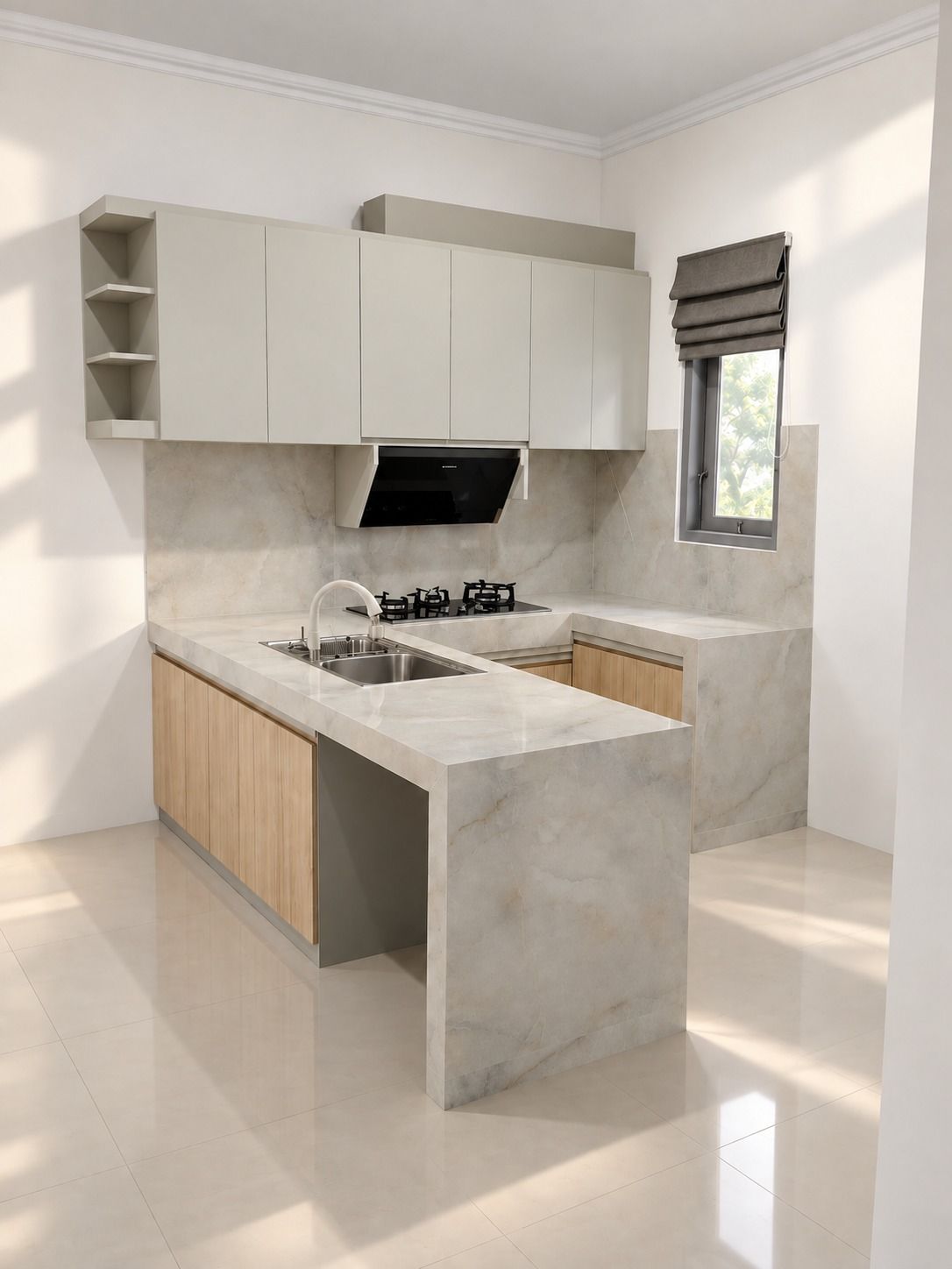 Dapur putih dengan rak terbuka, kabinet atas, dan meja bermotif marmer.