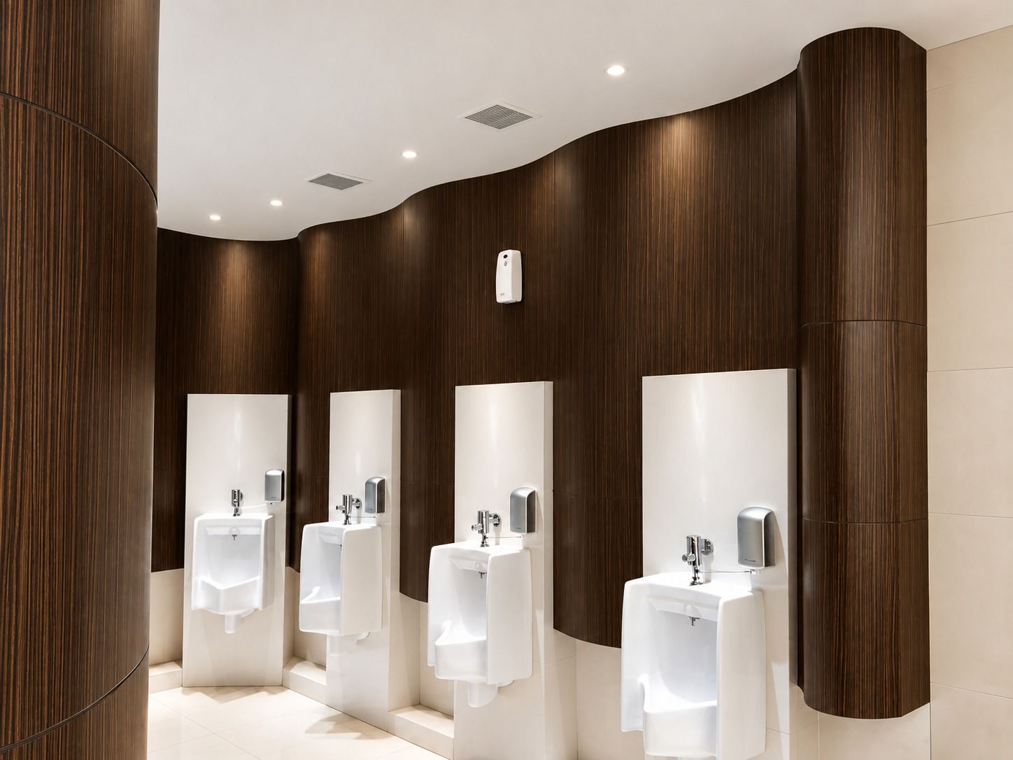 Toilet pengunjung The Park Mall Solo Baru dengan dinding melengkung bermotif kayu gelap di belakang deretan urinoir putih.