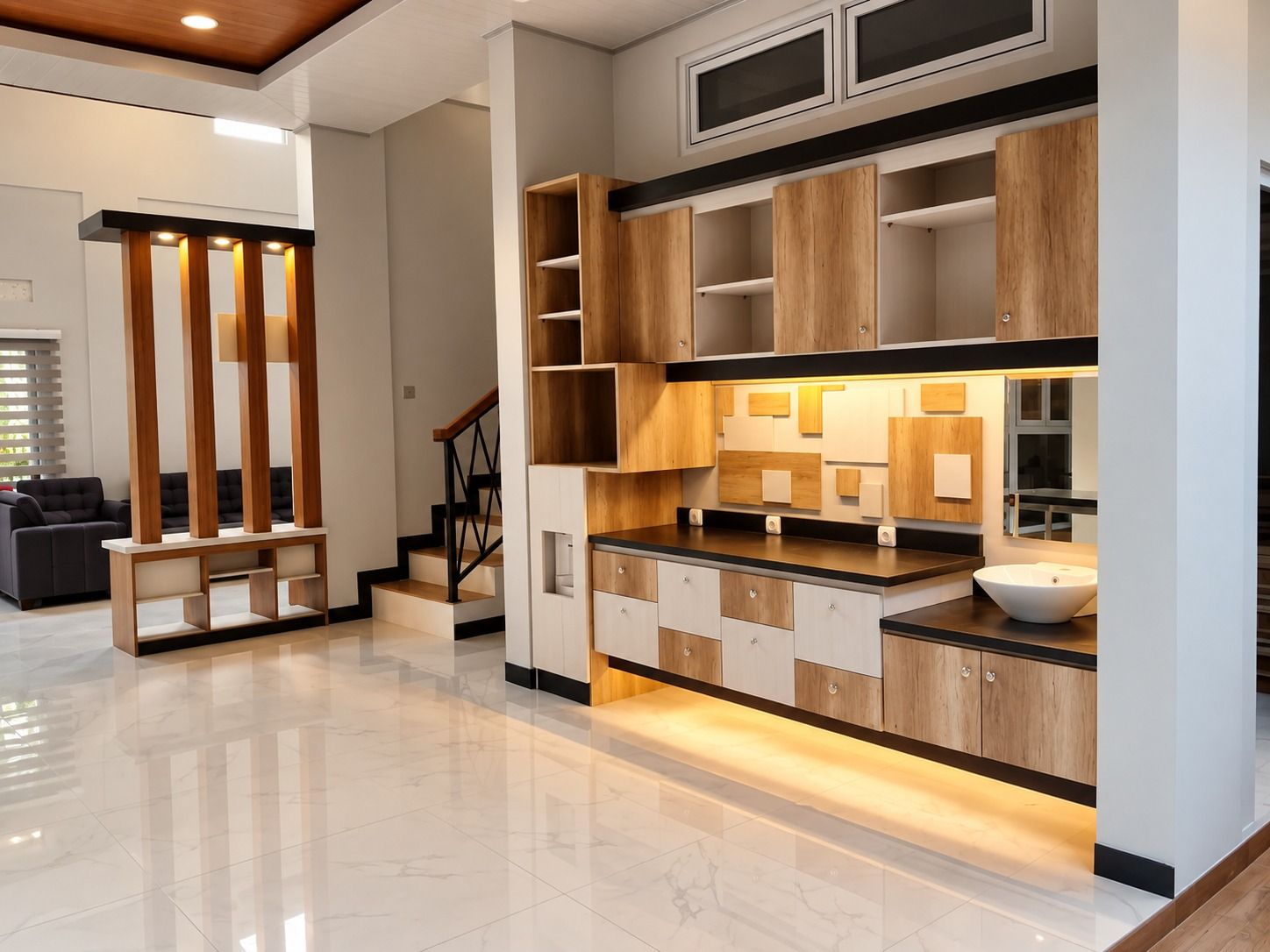 Kabinet pantry berlampu dengan panel hias di atas meja dan wastafel kecil.