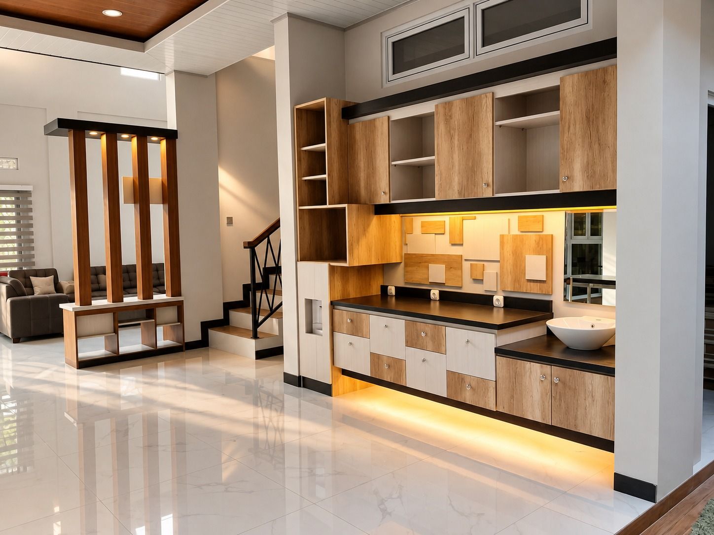Hubungan pantry dengan ruang keluarga dan tangga pada rumah yang sama.