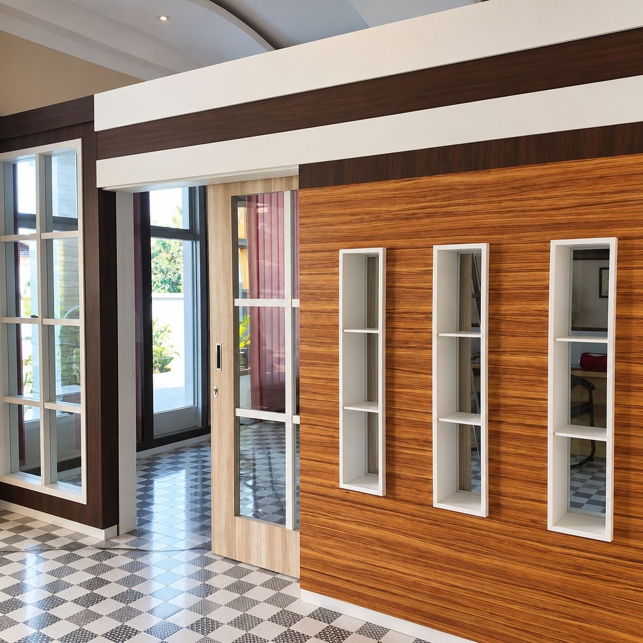 Dinding panel motif kayu bergaris dengan tiga ceruk pajang tegak berbingkai putih di samping pintu geser.