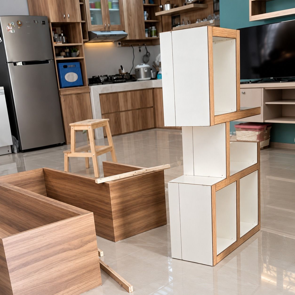 Modul kabinet putih bertepi motif kayu sedang dirakit di rumah pemesan.