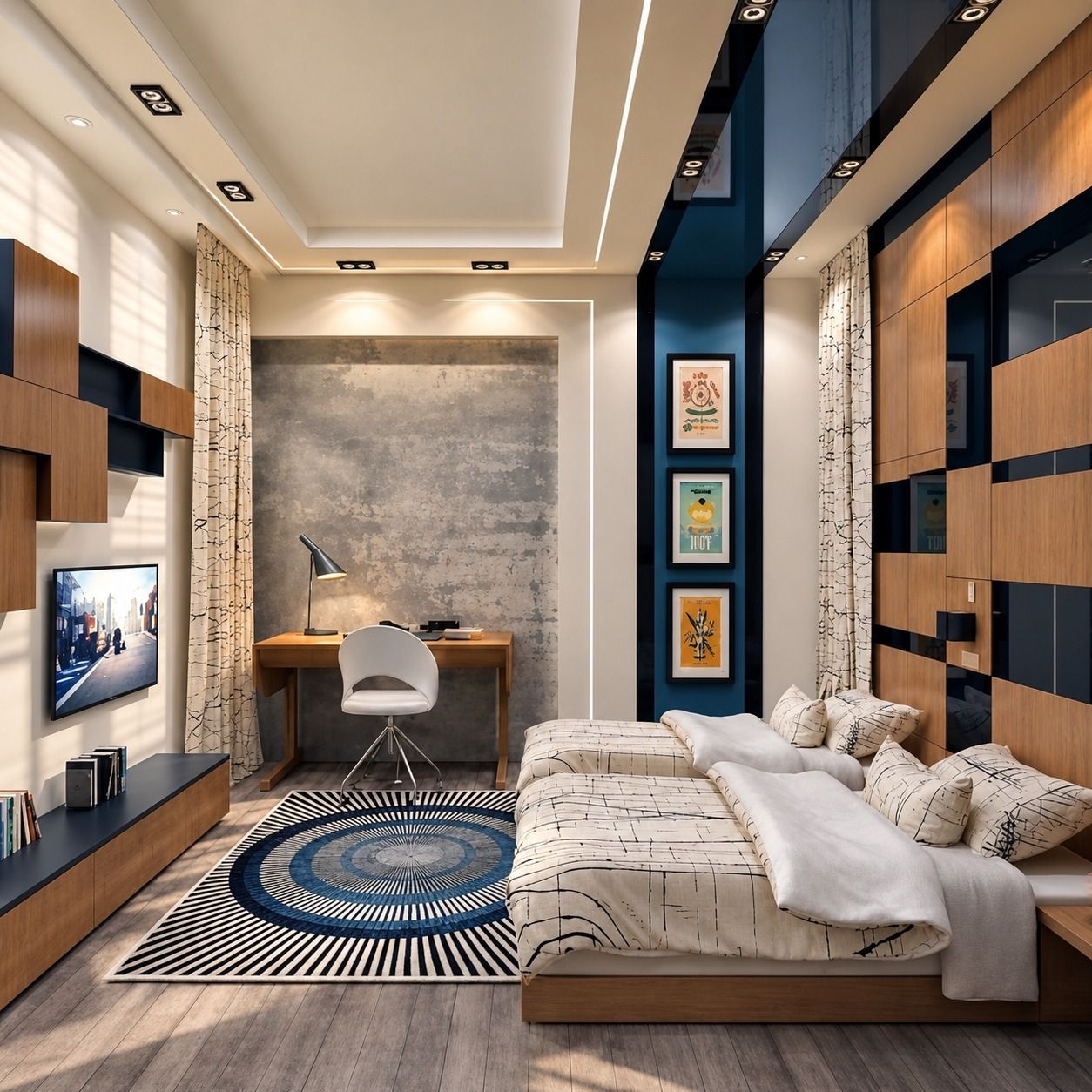 Kamar remaja dengan dua ranjang berdampingan, lemari dinding motif kayu dan biru tua, serta meja belajar di dekat jendela.