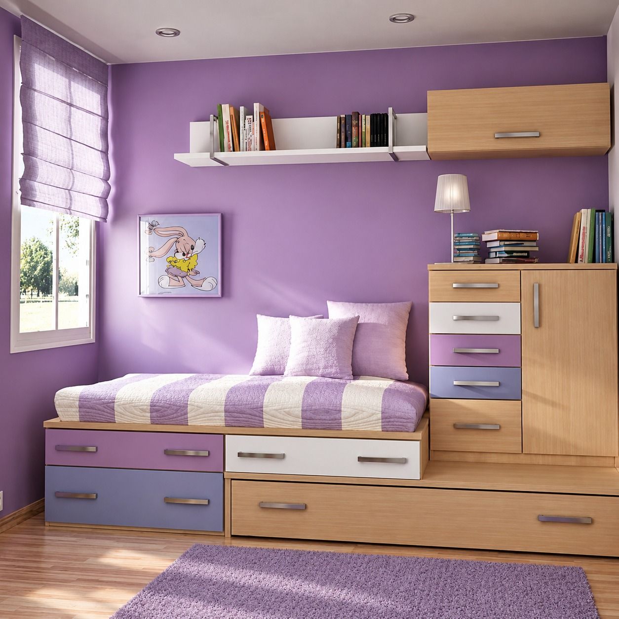 Kamar ungu dengan platform tidur berlaci ungu, putih, dan kayu, serta lemari laci warna-warni.