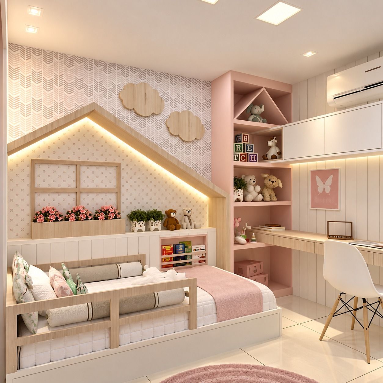 Rangka ranjang berbentuk rumah dengan garis lampu hangat, rak merah muda berceruk segitiga, meja belajar, dan kabinet dinding putih.