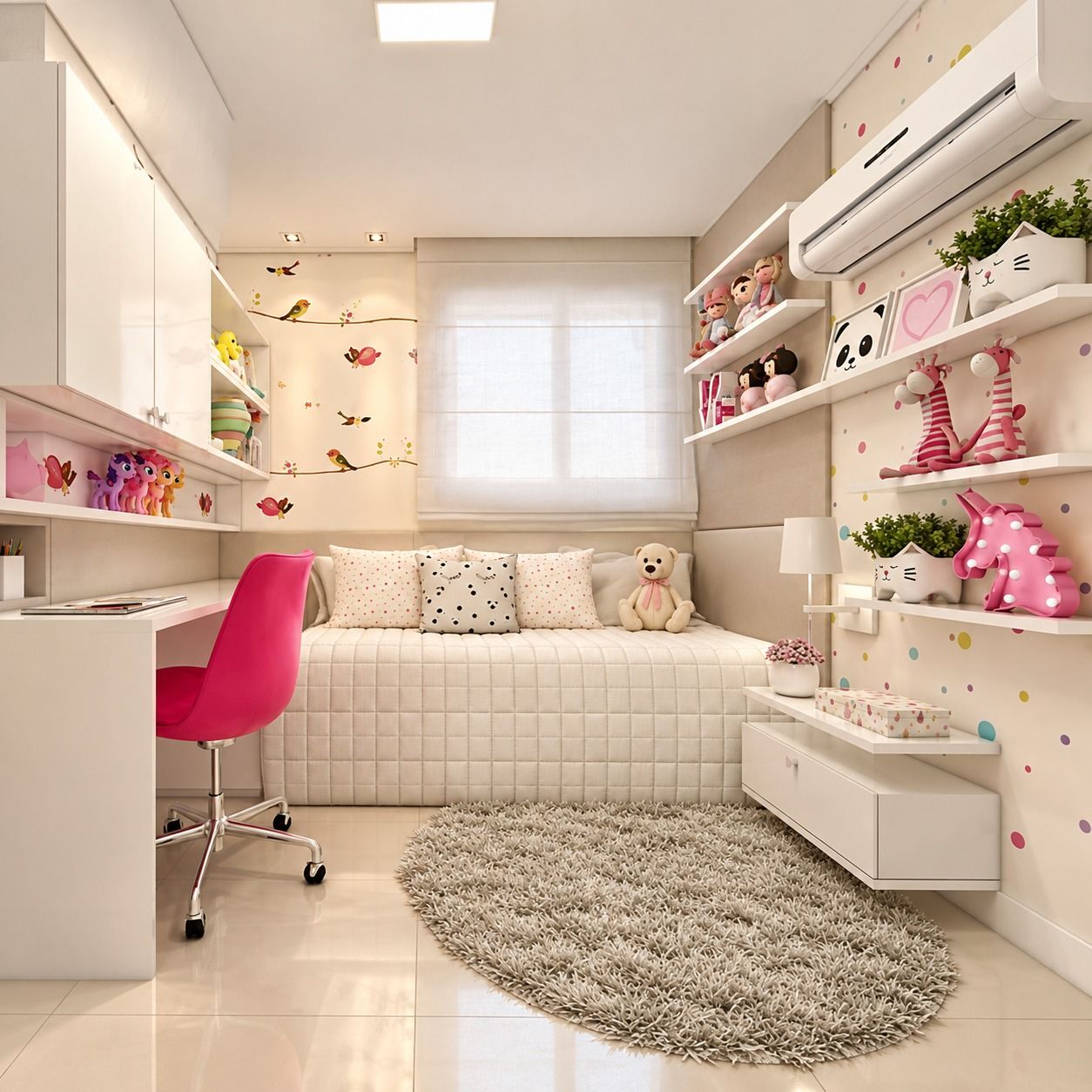 Kamar anak putih dengan lemari dinding, meja belajar panjang, sofa tidur berjahit kotak, dan rak melayang.