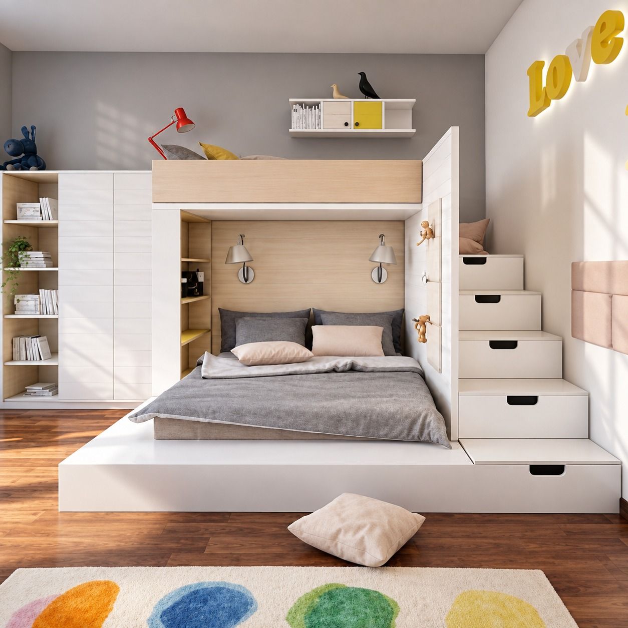 Platform tidur putih dengan tangga berlaci di sisi kanan, rangka tingkat di atasnya, dan lemari serta rak terbuka di kiri.