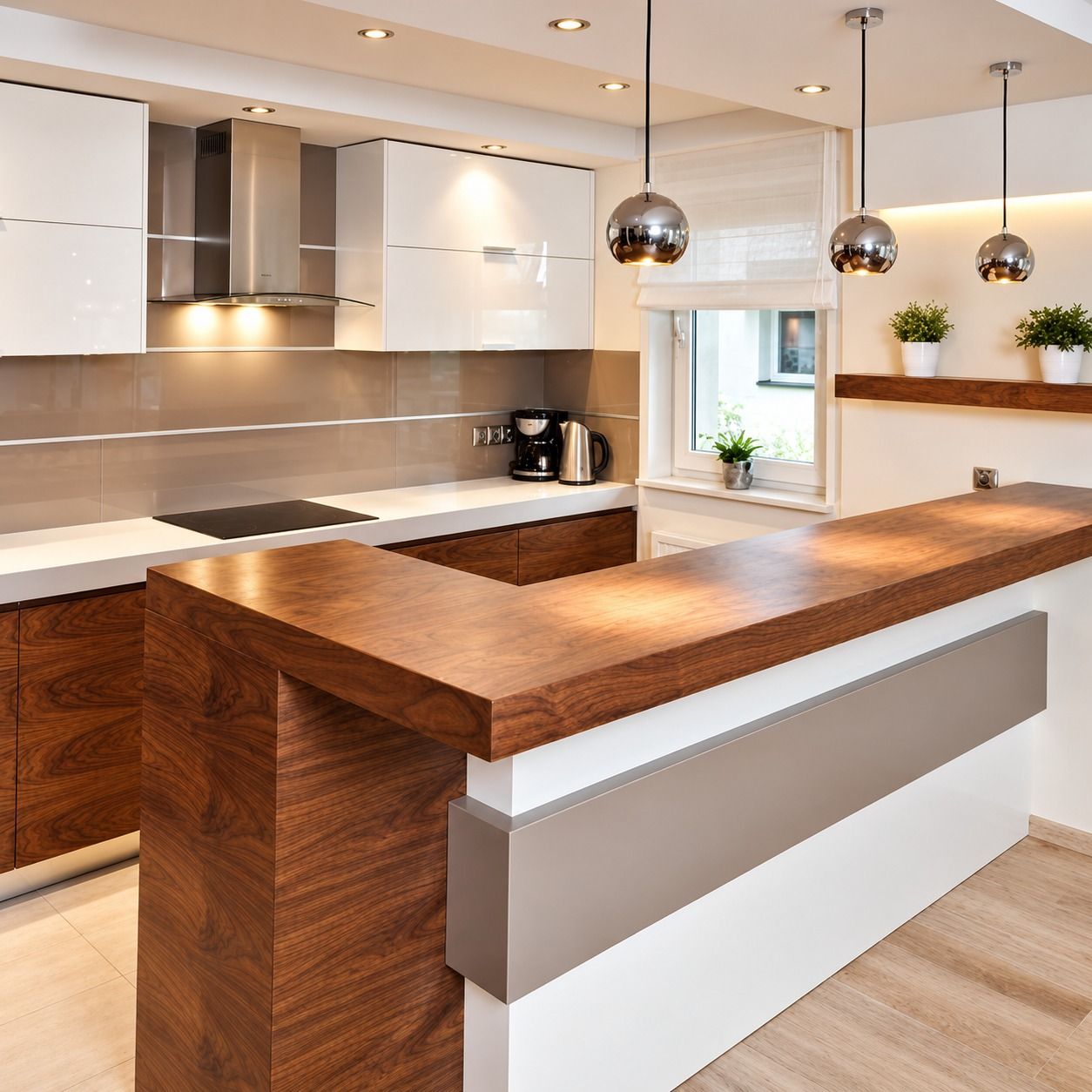 Kabinet atas putih mengkilap, kabinet bawah motif walnut, dan meja bar bentuk L bermotif walnut tebal.