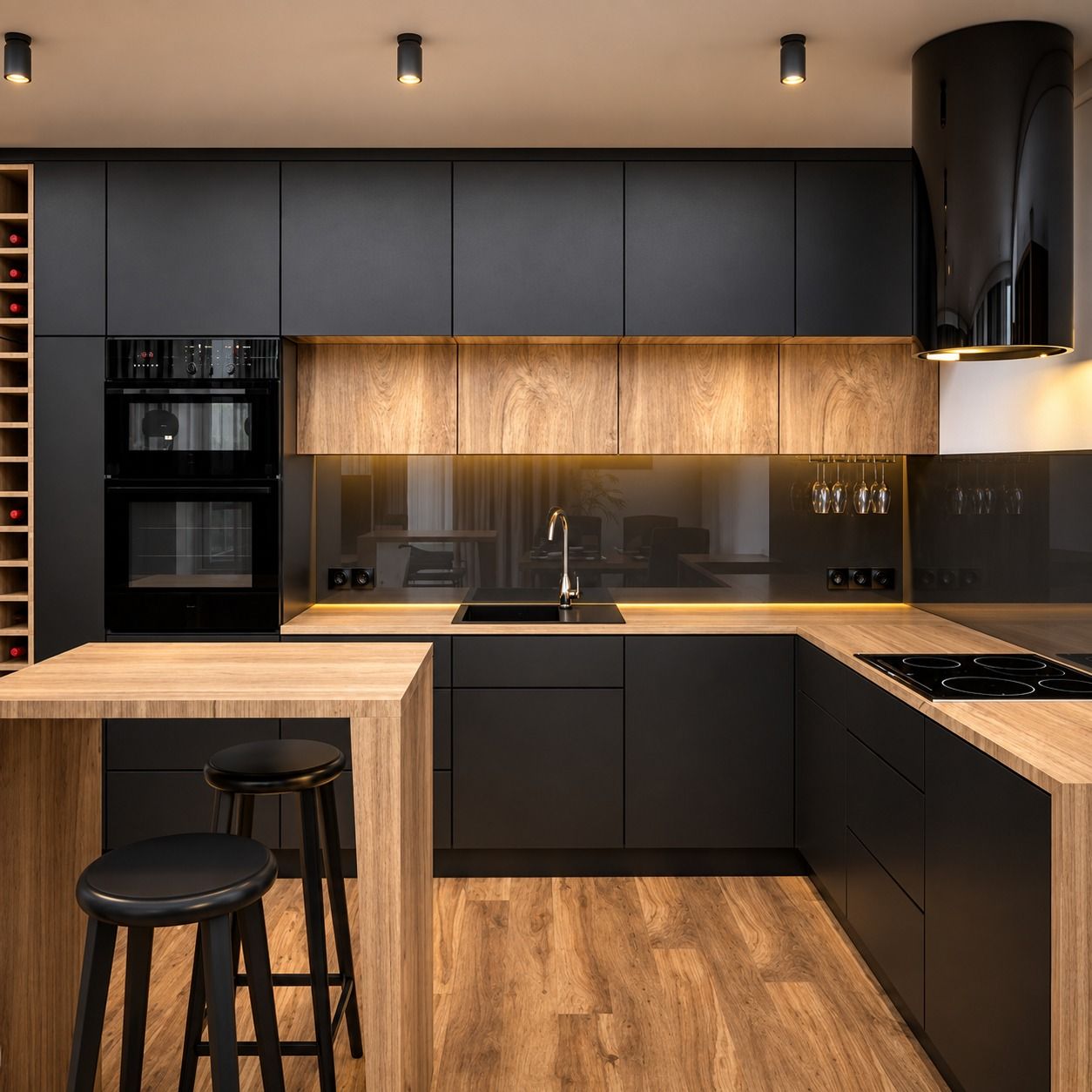 Kitchen set hitam doff tanpa handle dengan pita kabinet motif kayu, rak botol di sisi kiri, dan meja bar motif kayu.
