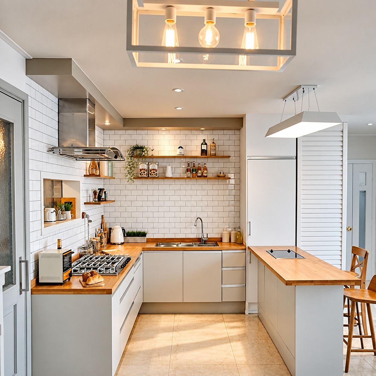 Dapur putih dengan dinding bata putih, meja kerja kayu, rak terbuka, dan island bermeja kayu.