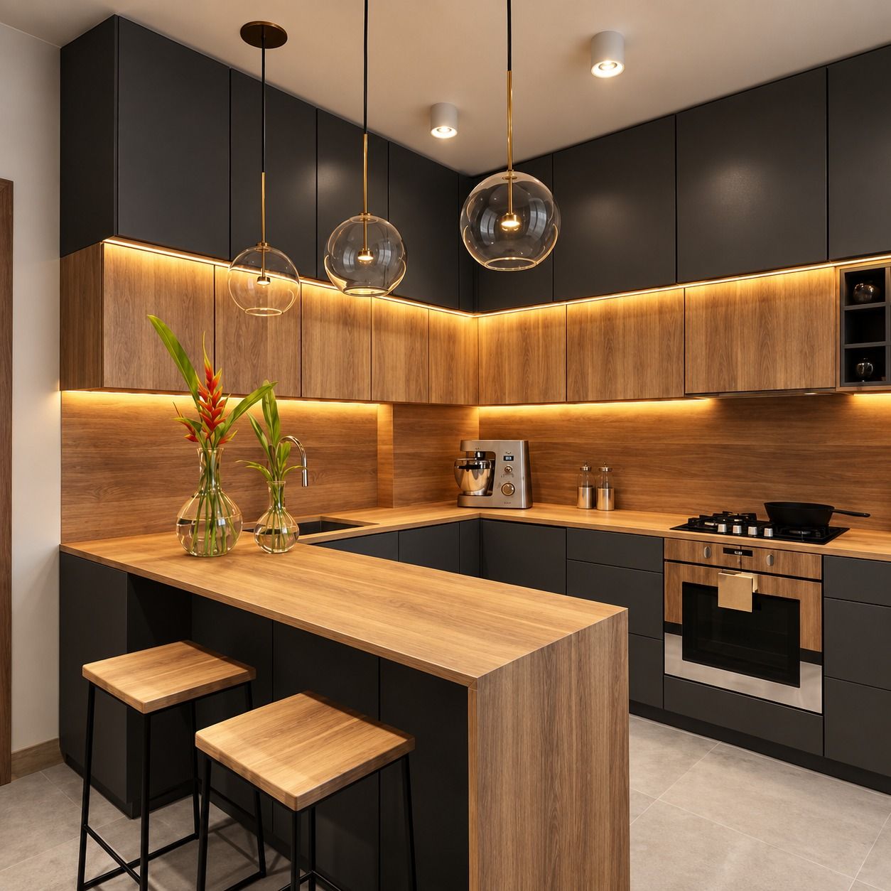 Kitchen set bentuk U dengan kabinet atas hitam, kabinet motif kayu berlampu hangat, dan peninsula motif kayu dengan dua kursi bar.