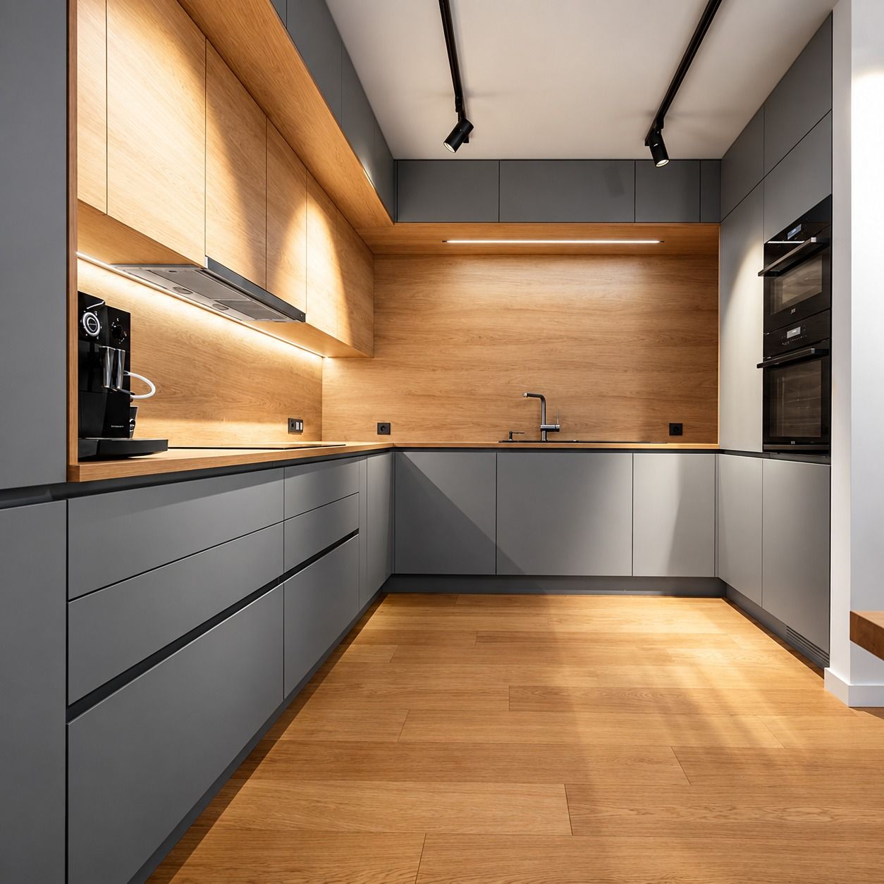 Kitchen set bentuk L abu-abu tanpa handle dengan panel dinding dan kabinet atas motif kayu oak.