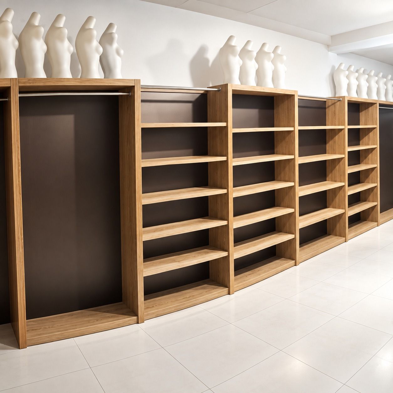 Deretan rak display dengan bagian gantung tinggi di kiri dan rak susun di kanan.
