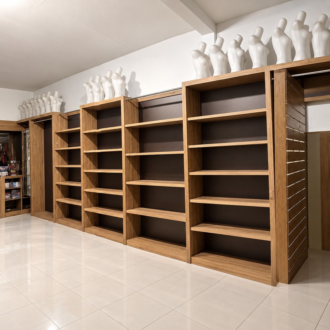 Rak display dinding motif kayu oak dengan bagian gantung dan panel slatwall di ujung kanan.