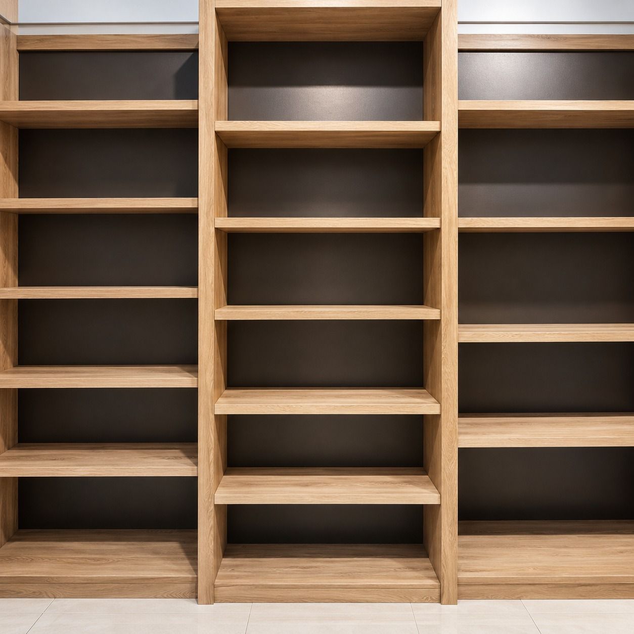 Detail rak susun motif kayu oak dengan panel belakang cokelat tua.
