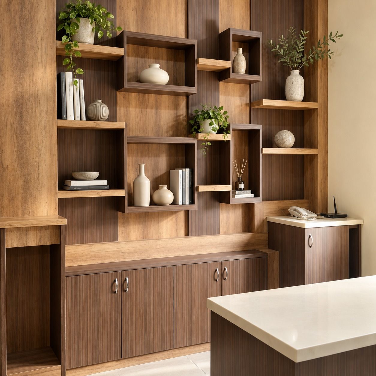 Rak pajang kotak dan papan melayang pada panel motif kayu walnut, dengan kabinet bawah dan kabinet samping.