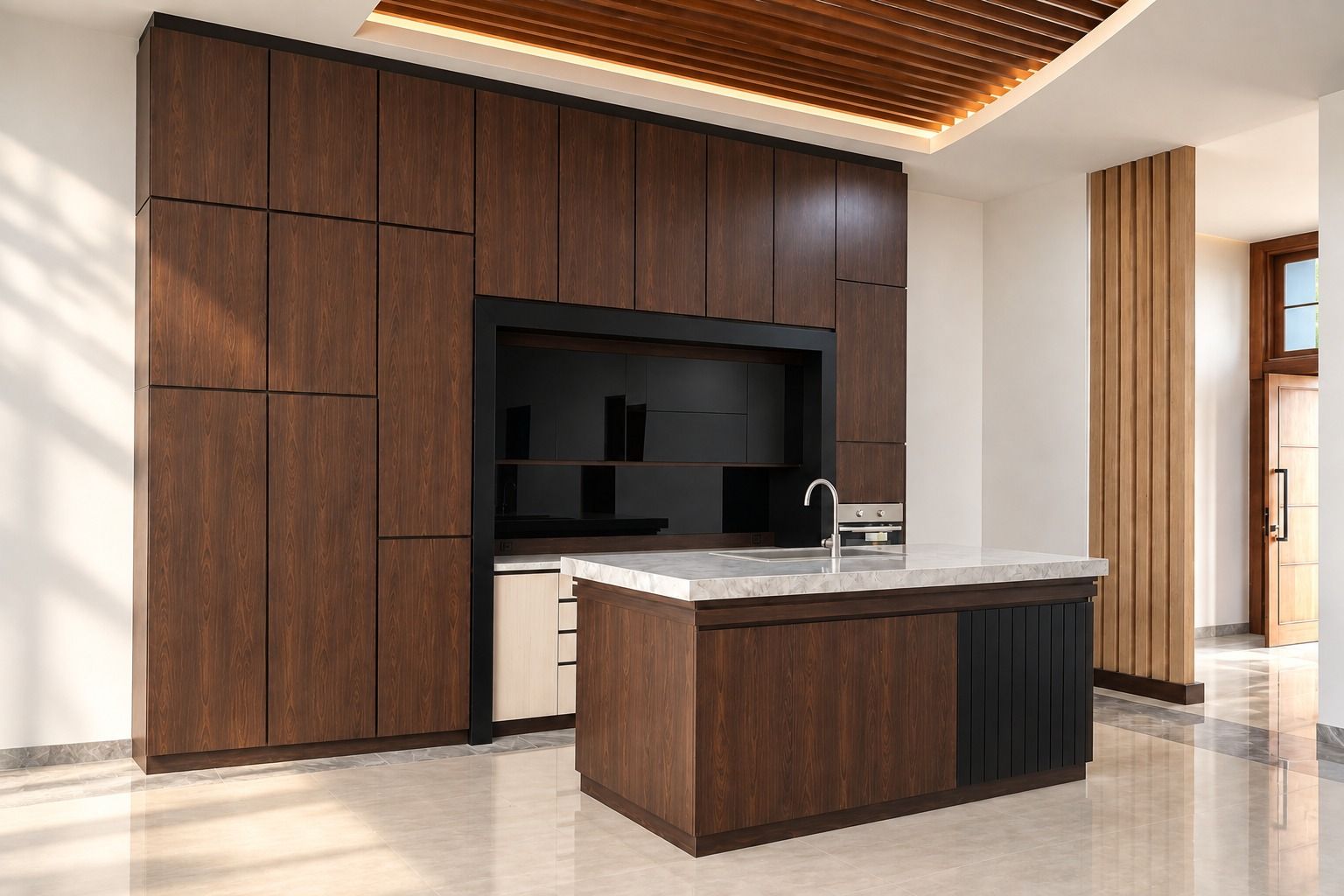 Visualisasi ruang dapur terbuka dengan kitchen set island kayu walnut gelap karya Budi Djiang